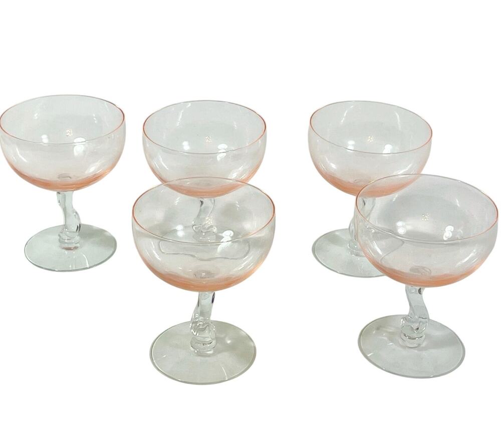 Vintage Fostoria Contour Pink Champagne Coupe Glasses 5 Pc Lot Swirl Stem 4.5"